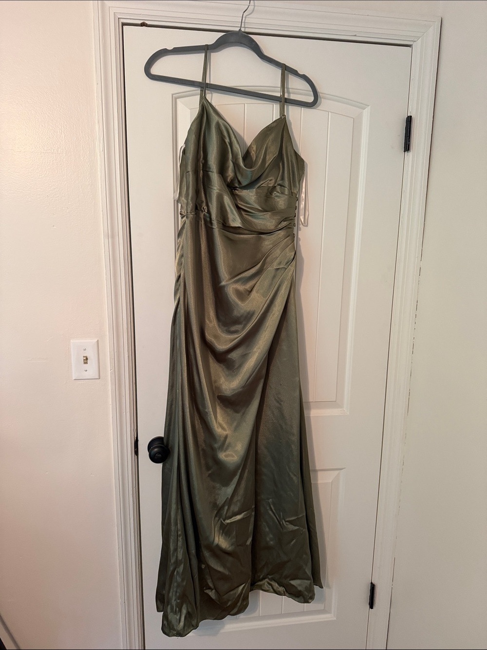 Olive Green Satin Slip Dress with Draped Bodice